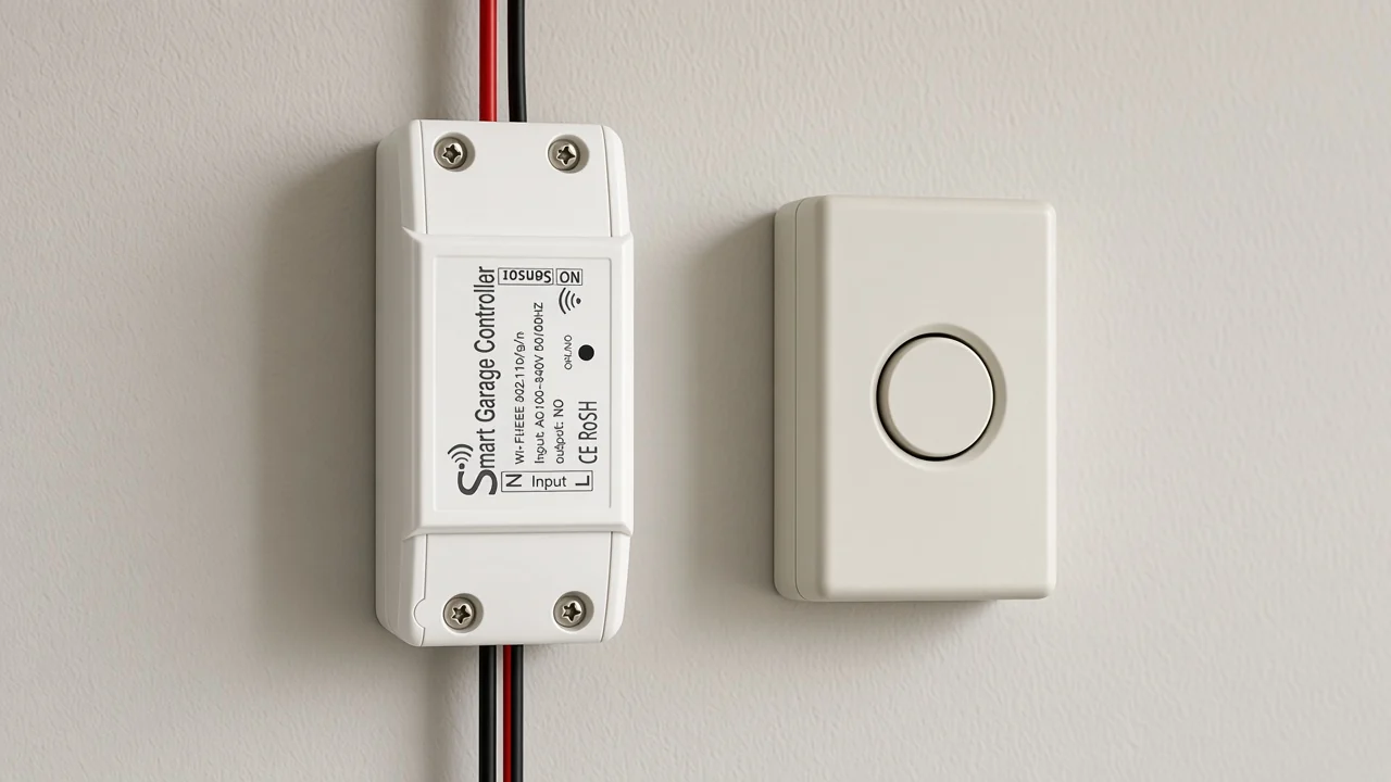 White Wi-Fi garage door controller beside a plain wall push button