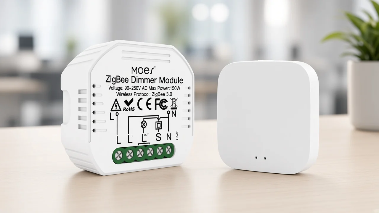 Zigbee dimmer module beside a separate white wireless gateway hub
