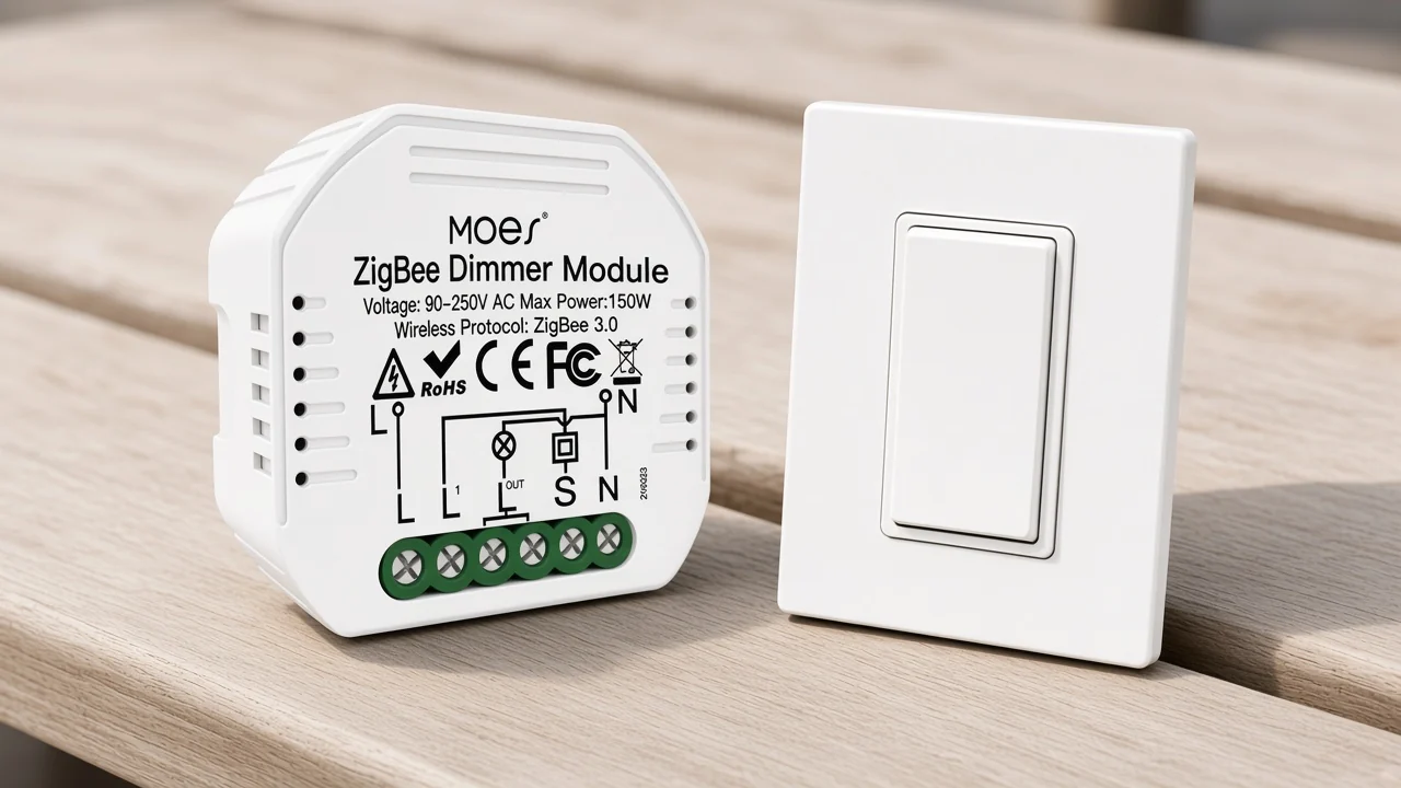 Hidden Zigbee dimmer module beside a separate white wall switch plate